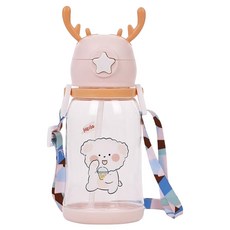 HIKARI 日光生活 可愛鹿角吸管水壺 600ml, 粉紅色, 1個