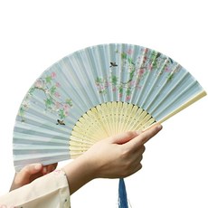 Boorepick 清涼傳統水墨畫竹製禮品折扇, 藍色花朵, 2個