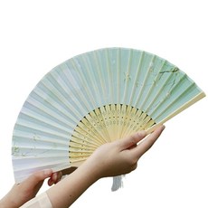 Boorepick 清涼傳統水墨畫竹製禮品折扇, 白色懷舊綠, 2個