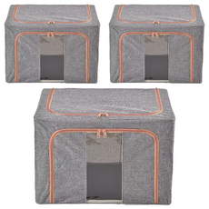 棉麻衣物整理箱 66L, 灰色, 3個