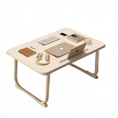 床桌 折疊式筆電桌學生用杯架卡槽床托盤讀書桌 60*40cm, 暖白