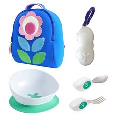 doddL 人體工學兒童學習餐具套組, 叉子 + 湯匙 + 2合1可拆式吸盤碗 + 攜帶盒 + 魔法花朵輕量後背包, 1組