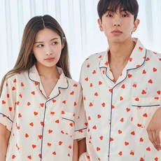 DOSSY 情侶款愛心絲質短袖翻領睡衣上下套裝 D-3655