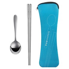 PERFECT 日式316攜帶式餐具組, 銀色+藍色, 湯匙 + 筷子 + 收納袋, 1組