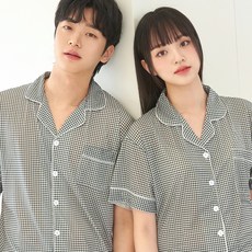 도씨 커플용 체크 카라 반팔 잠옷 상하의 세트