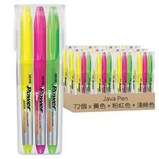 JAVAPEN Powerline 螢光筆 3色, 黃色 + 粉紅色 + 淺綠色, 72支