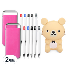 矽膠小熊收納包 隨機出貨 + 口袋原子筆 黑色 2支 + 紅色 + 藍色 + 自動鉛筆 + 粉紅色筆盒套組, 混合顏色, 2套