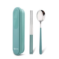 Mymin 靜音不鏽鋼餐具組, 湯匙 + 筷子 + 收納盒, 綠色