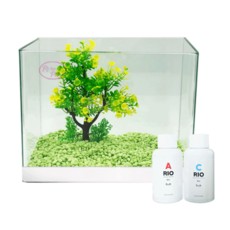 Rora Pet 天然加濕器魚缸 + 人造水草 + 彩色石套組, 蘋果綠(彩色石), 隨機出貨(人造水草)