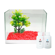 Rora Pet 天然加濕器魚缸 + 人造水草 + 彩色石套組, 櫻桃紅(彩色石), 隨機出貨(人造水草)