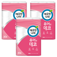 KleanNara 可綠納樂 3層天然紙漿 Pure & Deco 高級捲筒衛生紙, 30m, 30入, 3個