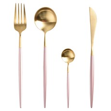 Homely Zakka 輕奢粉金撞色不鏽鋼餐具4件組, 餐刀 + 餐叉 + 湯匙 + 點心匙, 輕奢粉金撞色, 1組