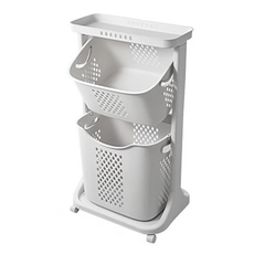 分層髒衣收納籃, 二層/三層可選, 容量超大, 衣物分層可翻, 可手提分離底籃, 方便移動, 75 x 33 x 44cm, 01 收納籃二層 白灰色