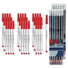 Monami 簽字筆 351 12入 3p + Skyglory 三角橡皮擦鉛筆 12p 組, 紅色(簽字筆), 混合色(鉛筆), 2套