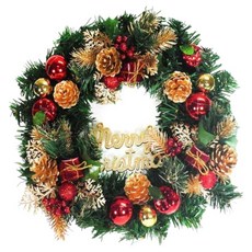 14吋豪華高級綠色聖誕花圈, 紅金色系, 1個