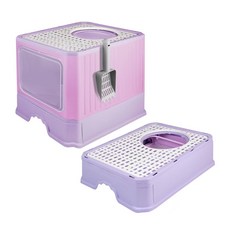 哈囉毛孩 下進上出 可折疊封閉式雙門貓砂盆, 附貓砂鏟，頂部落砂盤，底部抽屜式, 丁香紫, 1個, 49.7 x 39.5 x 38cm