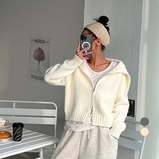 NANING9 女款V型羊毛翻領針織拉鍊外套, 乳白色