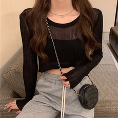 性感歐逆短版針織透膚上衣, 黑色