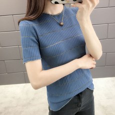 메이첼 라운드넥 슬림핏 스트라이프 반팔 니트 티셔츠 01988