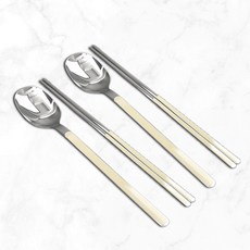 WiLLive 韓國製304不鏽鋼陶瓷握柄筷子湯匙組, 2便士勺+2便士筷子, 象牙白