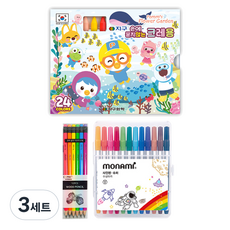 지구화학 뽀로로 손에묻지않는 크레용 24색 + 투코비 코마 삼각지우개연필 TC-208 B 6종 x 2p + 모나미 슈퍼사인펜 12색 세트, 3세트