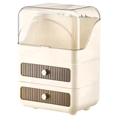 奶油風三層化妝品收納盒 上蓋防塵 立體手把 多層抽屜, 透明茶色, 1個