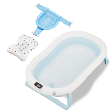 水溫計折疊嬰兒浴盆+坐墊+網狀網套裝, 天藍色