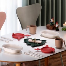 Ahtty home 聖誕造型餐桌用品11入組, 聖誕樹盤+小鹿盤 2入+橢圓形深盤 2入+馬克杯 2入+湯匙 2入+叉子 2入, 1組, 混色
