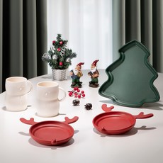 Ahtty home 聖誕盤馬克杯組, 1套, 綠色 + 紅色 + 奶油色, 聖誕樹盤 (1入) + 馴鹿盤 (2入) + 雪人馬克杯 (2入)