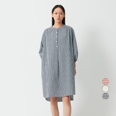 JAJU 女款涼感透氣泡泡紗格紋棉質寬鬆版型七分袖連身睡裙