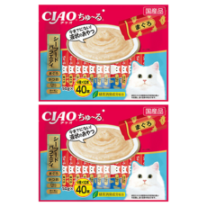 INABA CIAO 啾嚕 肉泥 SC-187, 40入, 14g, 2袋, 鮪魚 + 鰹魚 + 丁香魚&鮪魚口味 + 鮭魚&雞肉, 560g