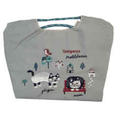 kUSUgURU JAPAN 日本眼鏡貓 手提包 環保袋日本刺繡尼龍購物袋 Matilda san款, 灰色