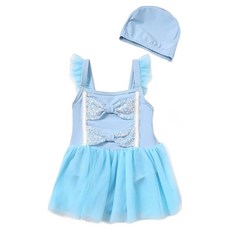 Starbean 女童款閃亮蝴蝶結蕾絲泳衣+帽子組