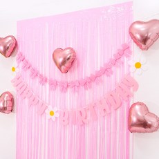PARTYSHOW 毛氈緞帶生日拉旗 粉彩窗簾 + 愛心套組, 1套, 粉紅色