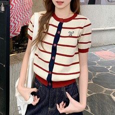 Awesomeful 女款Kaebiri蝴蝶結刺繡條紋短袖開襟衫 A26SMC031208