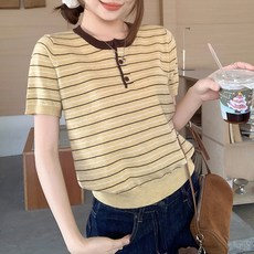 Awesomeful 女款 迪拉德里 撞色亨利領條紋短袖針織衫 A26SMKN031205
