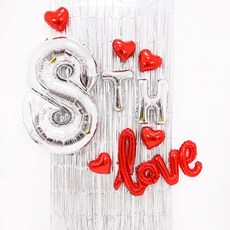 PARTYSHOW 紀念日愛心LOVE紅色氣球 + 窗簾組合 8th 銀色, 1套, 紅色(愛心), 銀色(數字), 緞面銀色(窗簾)