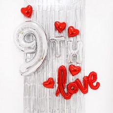 PARTYSHOW 紀念日愛心LOVE紅色氣球 + 門簾套組 9週年 銀色, 1套, 紅色(愛心), 銀色(數字), 緞面銀(門簾)