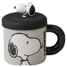 PEANUTS 史努比 陶瓷馬克杯 含公仔杯蓋, 黑色, 1個