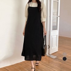 afinar 女款方領棉質無袖長版洋裝, 黑色