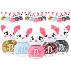 Bablie 兒童美甲 貓咪閃亮指甲油5件組, 天空藍+粉色+金色亮片+粉色亮片+彩色亮片, 4組