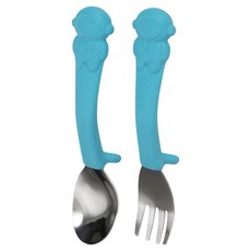 Nuby 不銹鋼叉匙組 太空人, 顏色隨機, 湯匙*1+叉子*1, 1組
