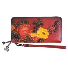 真皮頭層牛皮手工彩繪圖騰女士拉鍊皮夾/錢包/長夾 LH103 玫瑰花