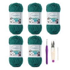 미소털실 이시리야 코튼 뜨개실 5p + 코바늘 + 쪽가위 + 돗바늘 세트, 4049블루그린(뜨개실), 1세트