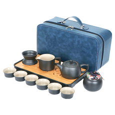 麂皮旅行茶具套裝, 藍色皮箱 漸層側把, 1組
