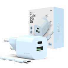 SKY Feel GaN30 方塊 30W 雙埠 PD PPS 快速充電器 + CtoC 充電線組, 1套, 藍色