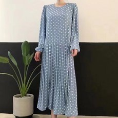 아뗄릭 복고풍 도트 라운드넥 플레어 주름 긴팔 롱 원피스 02651