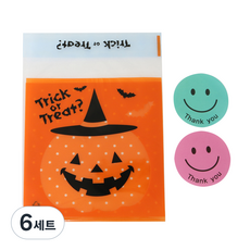 황씨네도시락 접착할로윈 호박모자 쿠키봉투 + 스마일 원형 땡큐 스티커, 30개입, 6세트