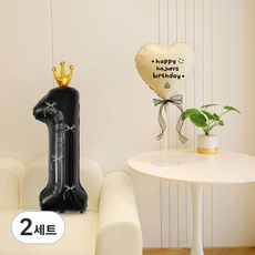 피앤비유니티 레터링 왕관 숫자 리본 풍선세트, 블랙앤크림 1, 2세트