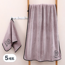 원이네 장미꽃 다색 세수타월 80g 극세사 + 바스타월 300g 극세사 세트, 퍼플, 5세트